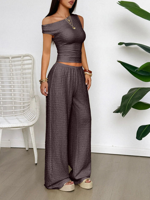 'Fleur' Off Shoulder Top and Wide Leg Pants Set - Celes Fashion